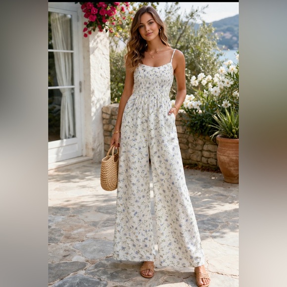 Old Navy Pants - Old Navy Cream Floral Smocked Wide-Leg Jumpsuit with Blue Print